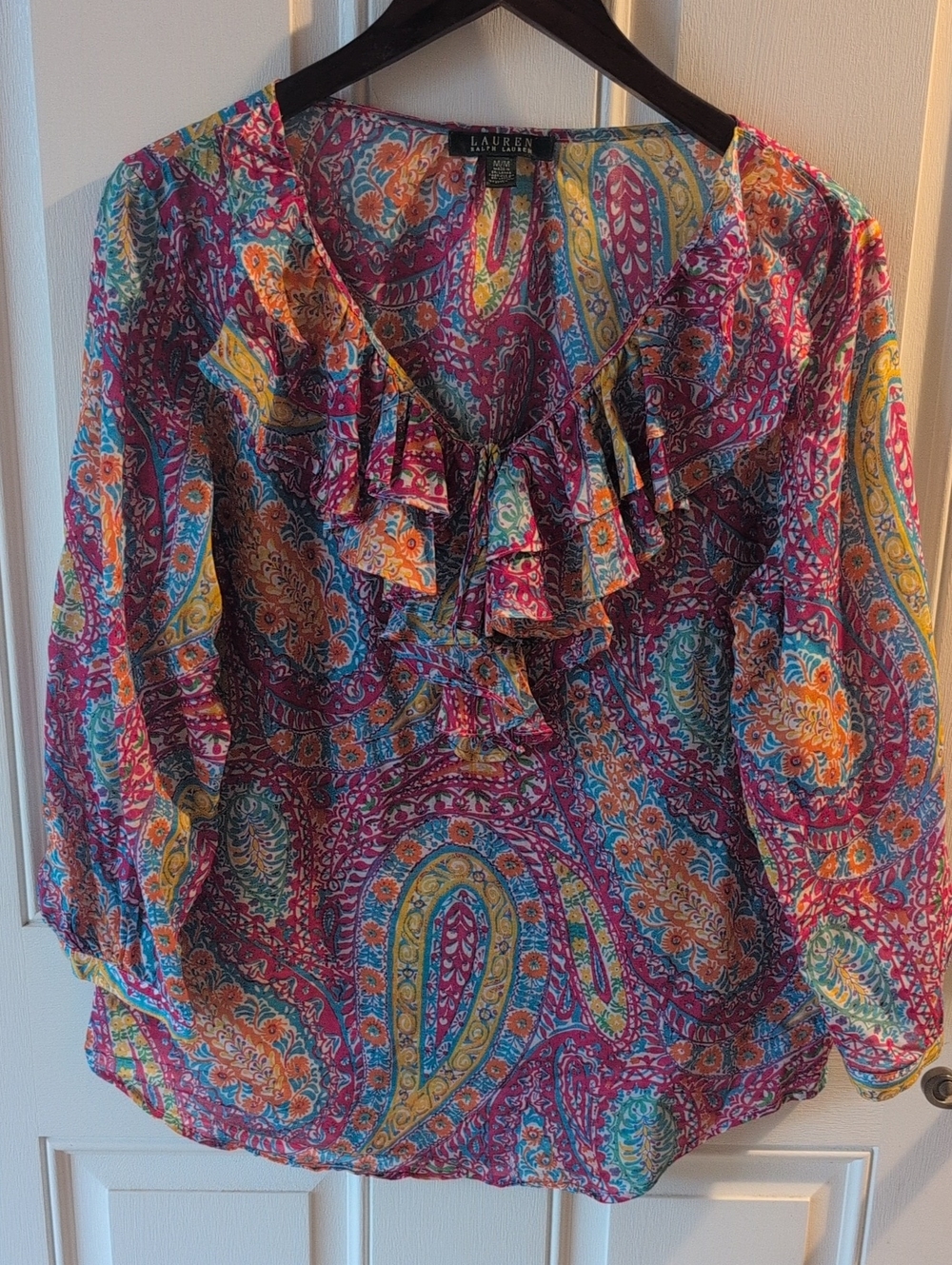 LAUREN Ralph Lauren Paisley Ruffle V-Neck Blouse MEDIUM